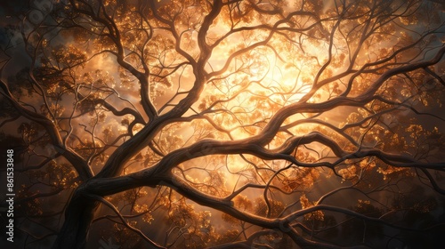 Majestic tree branches illuminated by golden sunlight, creating a dreamy and enchanting natural scene at sunset.