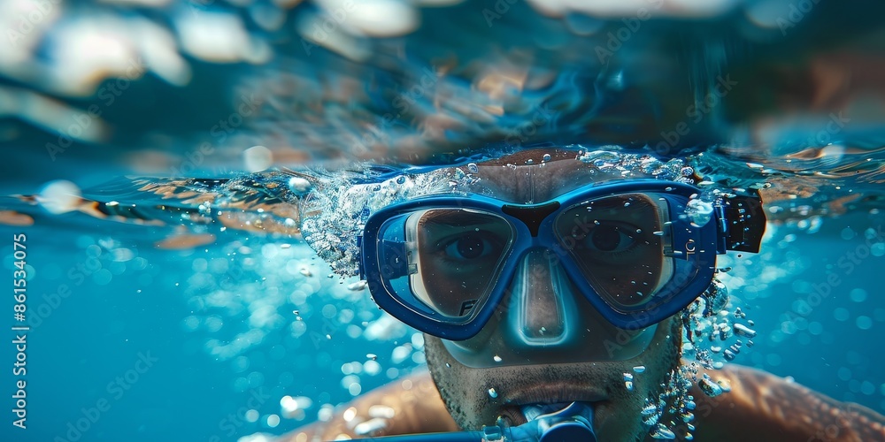 Fototapeta premium Young man wearing a scuba mask underwater close-up