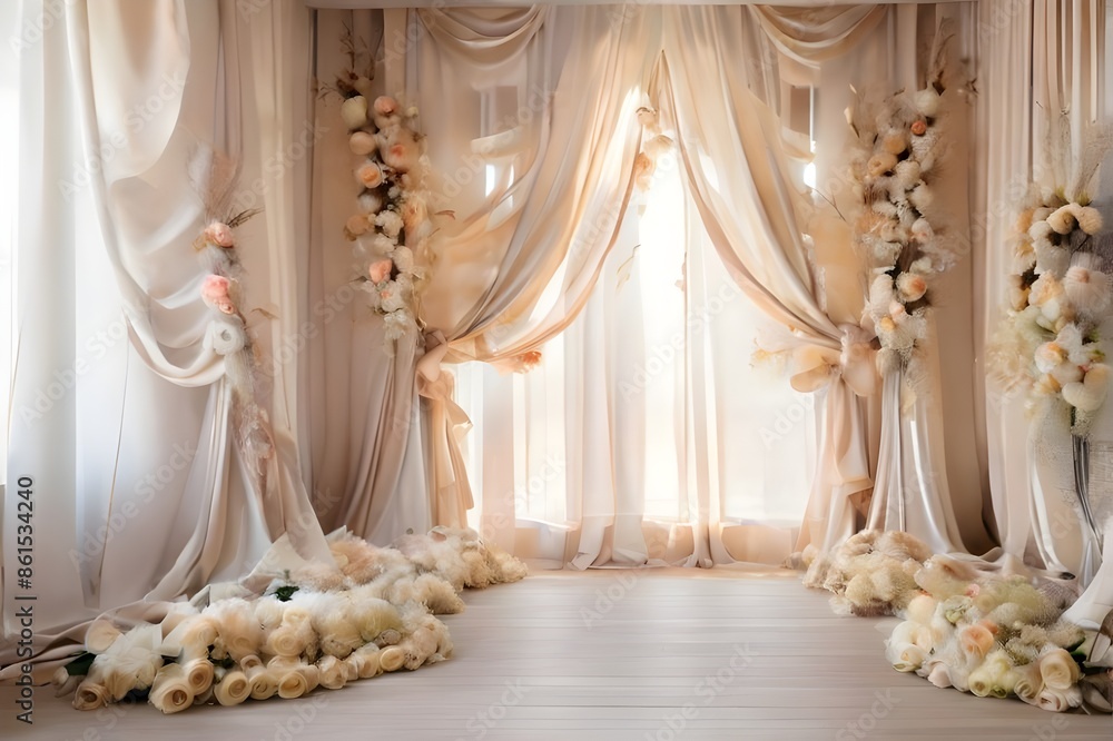 Luxury design. Restaurant hall decorated with pink curtains and bright chandeliers over them Luxury design. Restaurant hall decorated with pink curtains and bright chandeliers over them