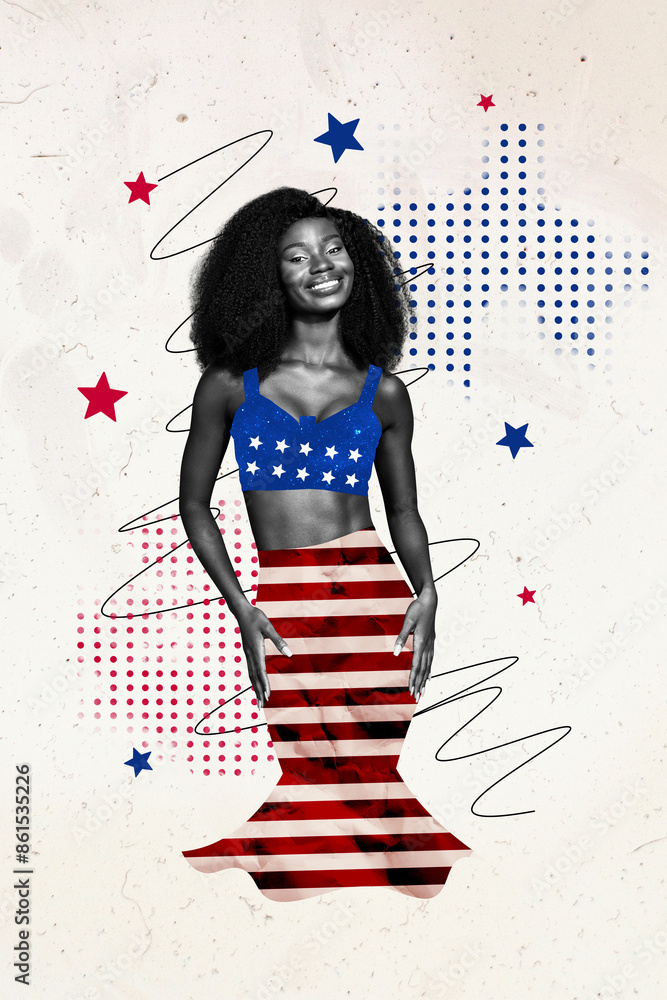 Fototapeta premium Collage artwork graphics picture of dreamy lady wear 4th july flag costume isolated painting background