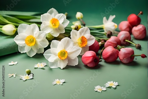 A bouquet of tulips and narcissus flowers stands in a vase