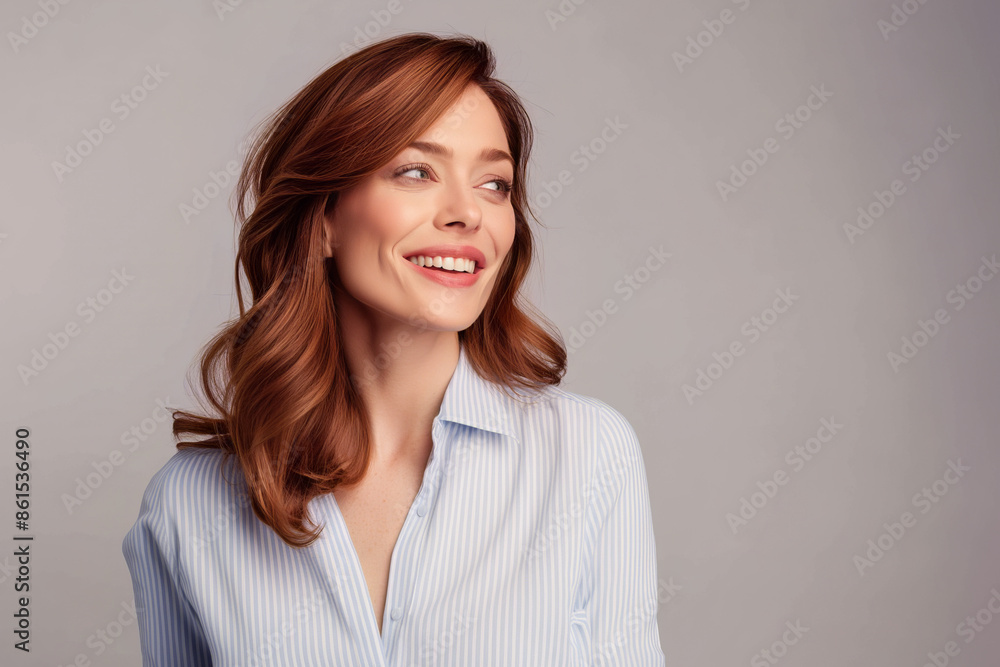Portrait of a smiling woman looking away, exuding confidence and positivity, with a soft, neutral background that highlights her natural beauty and relaxed demeanor, suitable for business or lifestyle Portrait of a smiling woman looking away, exuding confidence and positivity, with a soft, neutral background that highlights her natural beauty and relaxed demeanor, suitable for business or lifestyle