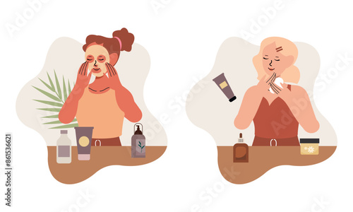 Women enjoy skin care routine at home illustration