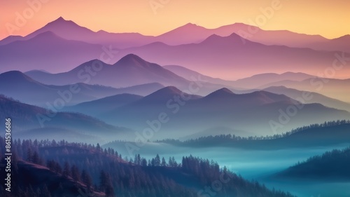 Soft, fluffy clouds blend scatter around seamlessly surround majestic mountain in pastel tones of purple, blue, and yellow, convey serene and peaceful atmosphere perfect for wallpaper, poster. AIG35.