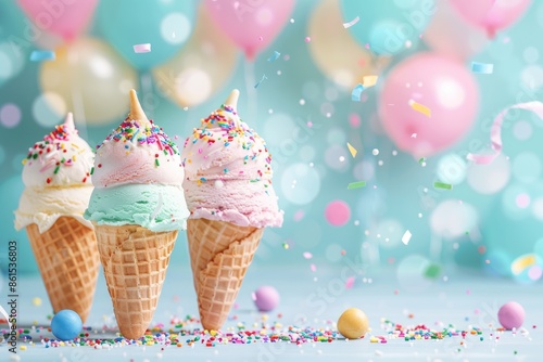 Three ice cream cones with sprinkles in front of a blue background with pink and blue balloons.