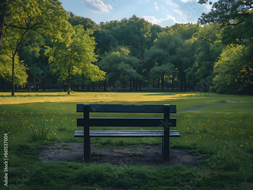 Scene of a solitary bench in a large empty park © GenAI