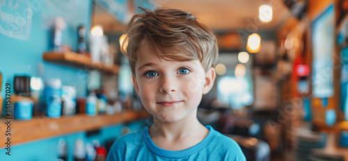 Young boy with stylish haircut smiles in barbershop