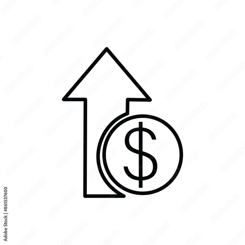Line art style icon of a dollar coin increasing its value, represented by an up arrow Line art style icon of a dollar coin increasing its value, represented by an up arrow