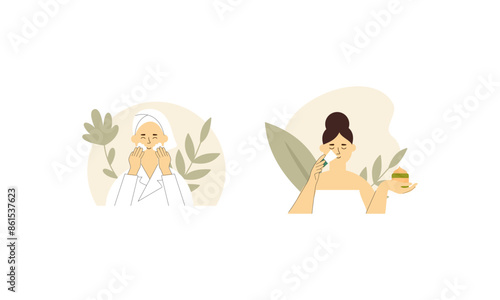 Women enjoy skin care routine at home illustration