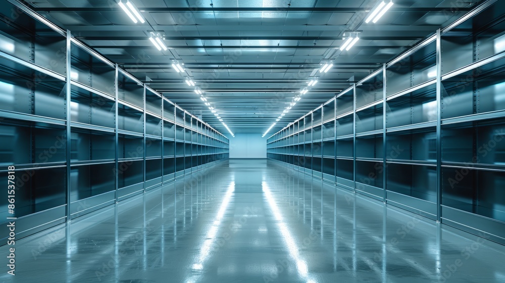 Fototapeta premium Empty warehouse with rows of shelves and bright lights