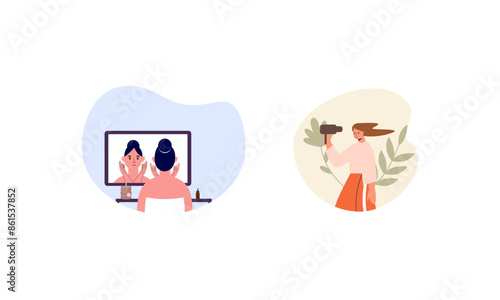 Women enjoy skin care routine at home illustration