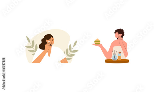 Women enjoy skin care routine at home illustration