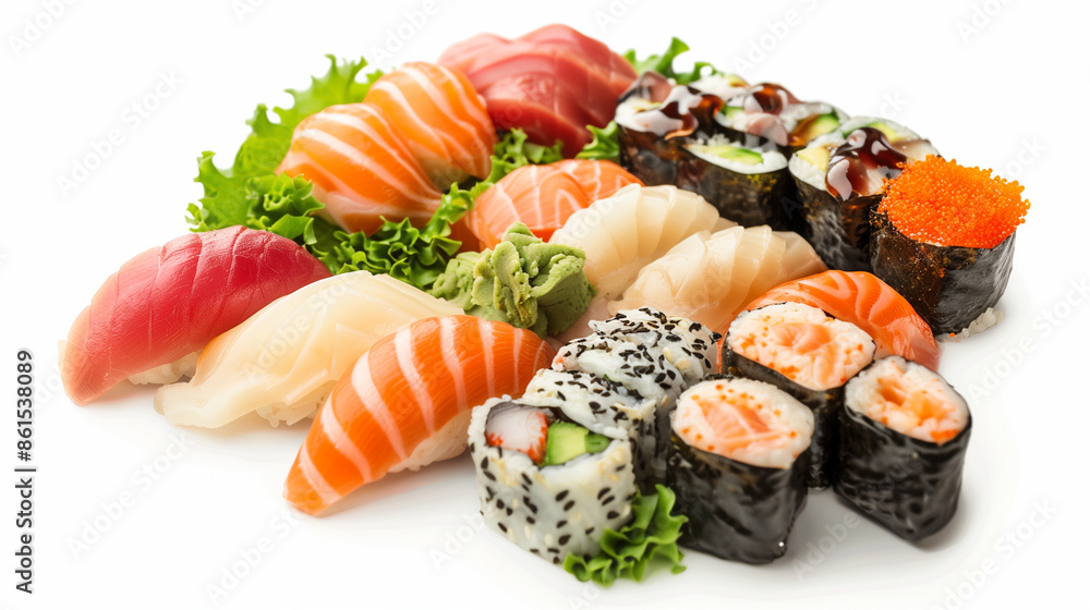 Delicate Sushi Delights: A Visual Feast on a White Background Delicate Sushi Delights: A Visual Feast on a White Background
