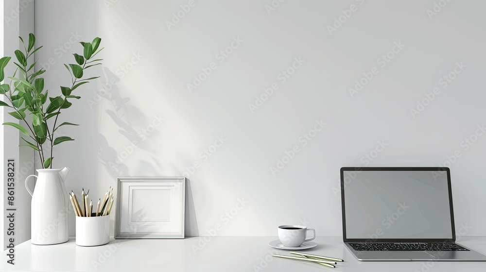 Fototapeta premium A white desk with a black coffee mug, a framed picture, a tablet, and a plant in a vase