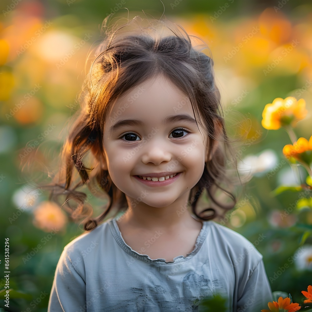 Cheerful Child Exuding Innocent Joy in Vibrant Garden Backdrop Cheerful Child Exuding Innocent Joy in Vibrant Garden Backdrop