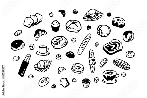 Cute line doodle bakery elements. Hand drawn pastry, bread, croissants, sandwiches, baguette, toasts, donuts. Minimalist sketch vector icons. Breakfast, cafe, French patisserie menu