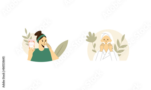 Women enjoy skin care routine at home illustration