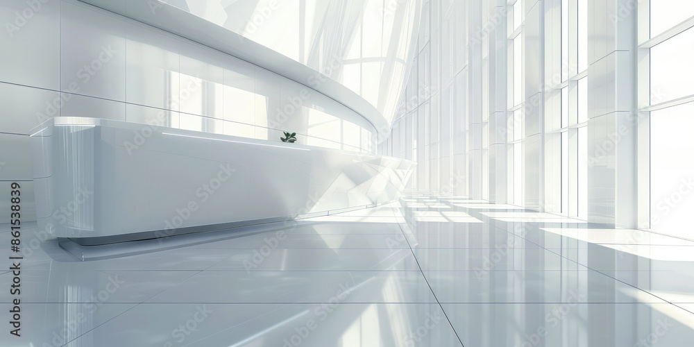 Fototapeta premium Reception desk and corridor hall in empty modern office or hotel. Business corporate background for branding, web and presentation