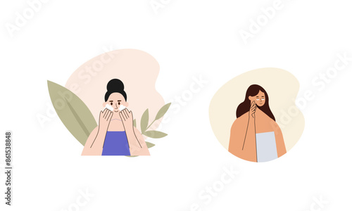 Women enjoy skin care routine at home illustration
