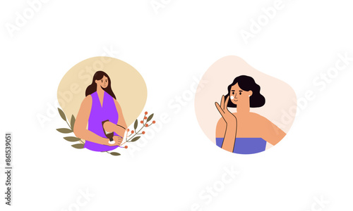 Women enjoy skin care routine at home illustration