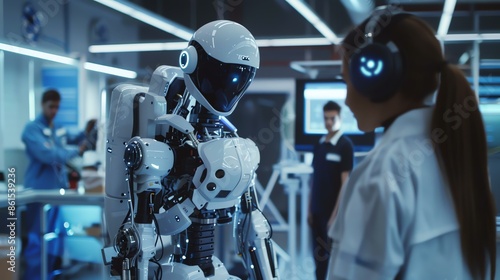 The image shows a female scientist wearing a headset and looking at a humanoid robot.