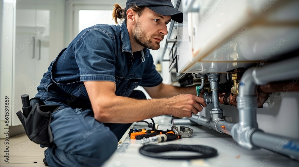 Plumber repairing kitchen sink with tools Plumber repairing kitchen sink with tools