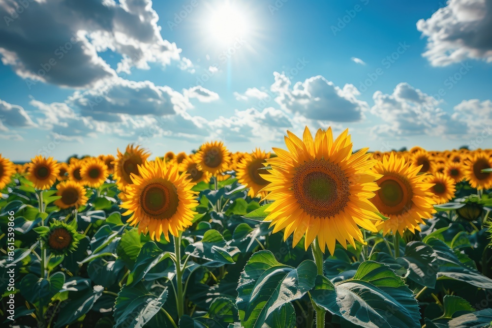 Fototapeta premium Sunflower field. A field of flowers on background of a blue sky. Sunny summer day.