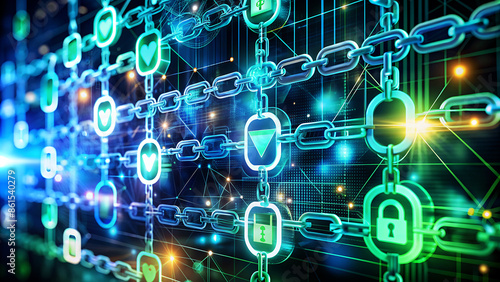 Abstract Blockchain Technology Concept with Digital Chains and Encrypted Blocks in Futuristic Blues, Greens, and Silver