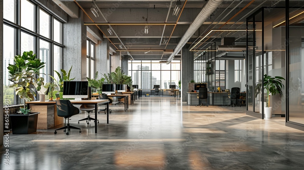 Modern open-plan office space with large windows, stylish furniture, and indoor plants. Natural light floods the area, creating a vibrant and productive work environment. Modern open-plan office space with large windows, stylish furniture, and indoor plants. Natural light floods the area, creating a vibrant and productive work environment.
