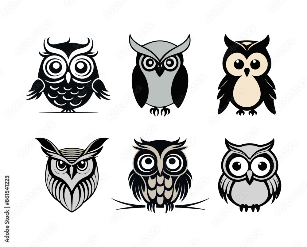 Fototapeta premium A set of silhouette illustrations of cute owls, nocturnal bird silhouettes facing forward