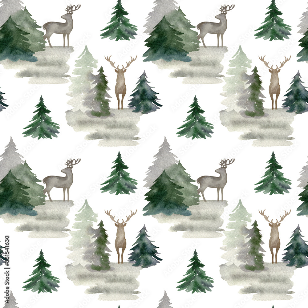 Naklejka premium Watercolor seamless pattern with pine trees for fabric, wrapping paper, etc.
