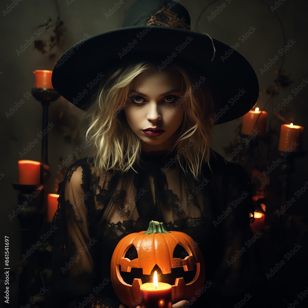Fototapeta premium Mysterious witch with blonde hair holding a carved pumpkin in a dimly lit Halloween setting with candles.