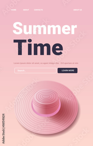 Pink summer hat on gradient background with search bar and call-to-action button