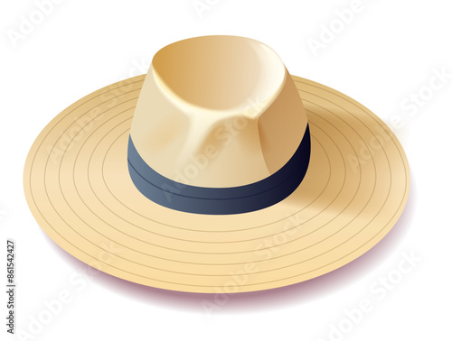 Straw hat with wide brim and black band summer accessory beachwear fashion isolated on white background