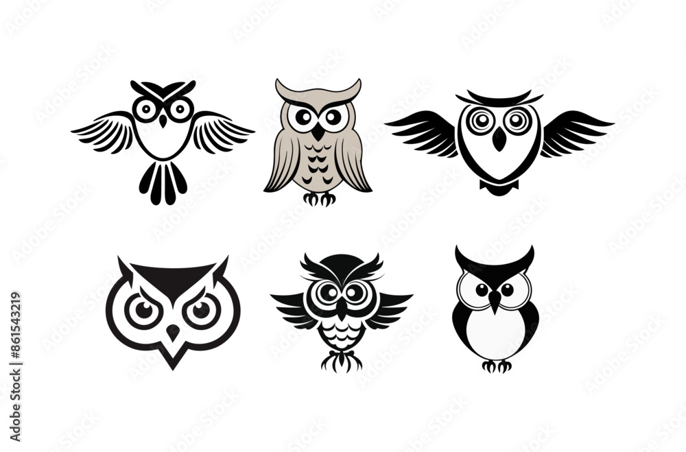 A set of silhouette illustrations of cute owls, nocturnal bird silhouettes facing forward A set of silhouette illustrations of cute owls, nocturnal bird silhouettes facing forward