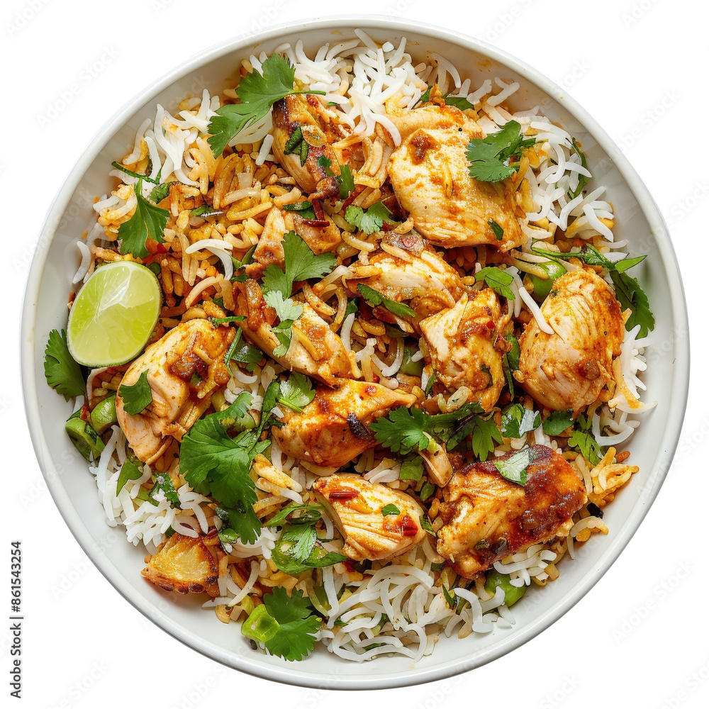 A delicious plate of chicken biryani garnished with fresh cilantro and served with lime. Perfect for food photography and culinary projects. A delicious plate of chicken biryani garnished with fresh cilantro and served with lime. Perfect for food photography and culinary projects.