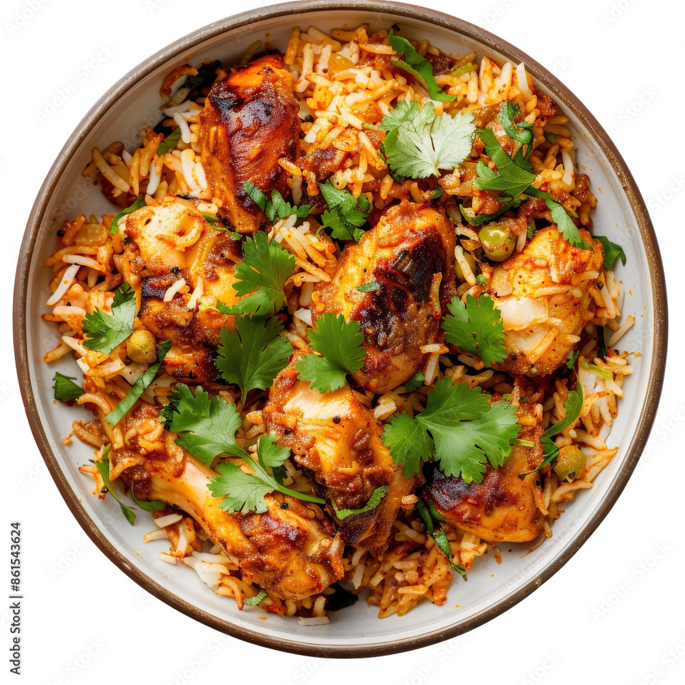 Delicious chicken biryani served with fresh cilantro on a ceramic plate, capturing the essence of Indian cuisine. Delicious chicken biryani served with fresh cilantro on a ceramic plate, capturing the essence of Indian cuisine.