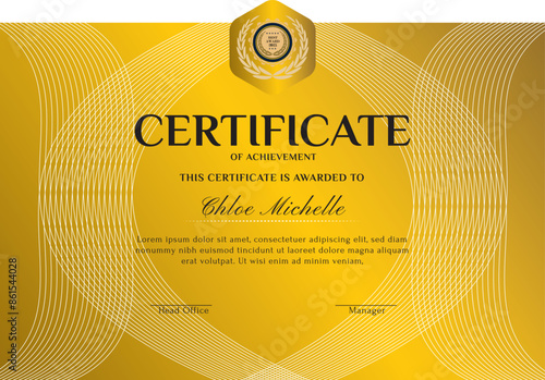 Elegant black and gold blue diploma certificate template with luxury badge and modern line pattern. For award, business, and education needs. Use for print, certificate, diploma, graduation.