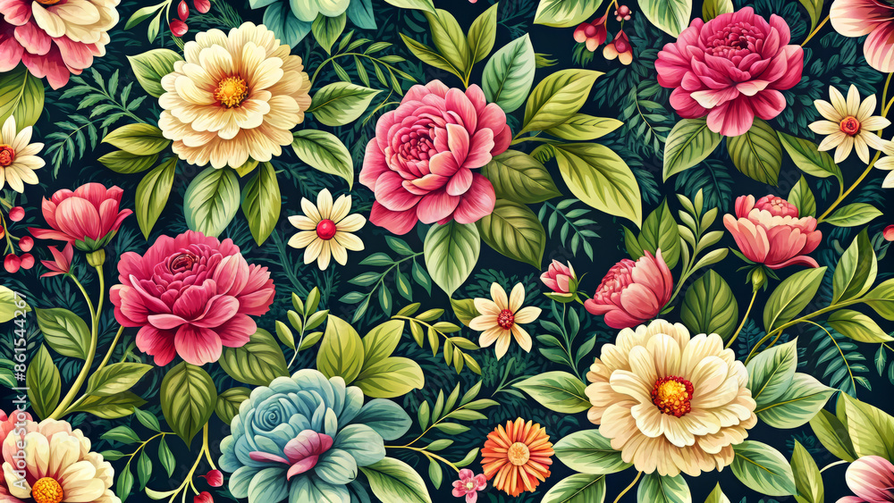 Exquisite flower and leaf textures in a seamless design, showcasing vibrant and colorful floral patterns with detailed foliage. Exquisite flower and leaf textures in a seamless design, showcasing vibrant and colorful floral patterns with detailed foliage.