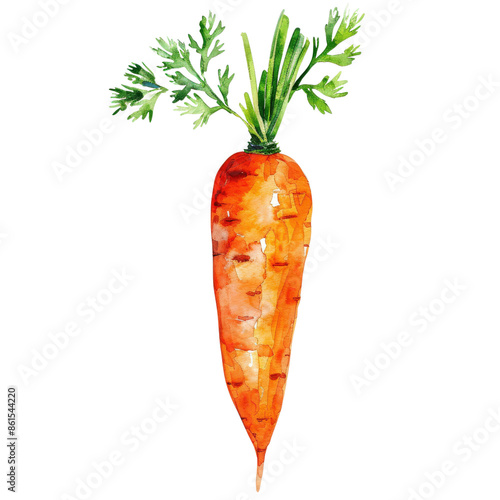Watercolor painting of a vibrant orange carrot with green leaves. Perfect for illustrating farm-fresh produce and healthy eating.