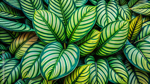 Exquisite patterns found in tropical leaves, displaying rich green and yellow hues with intricate vein details, ideal for nature backgrounds. photo