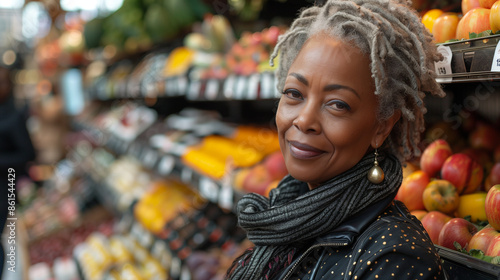 close-up of african american woman shopping in grocery store  smiled lady with grocery bag buying fruits and looking directly at the camera  silver haired black lady in her 50s 60s in supermarket © MonkaLemonka