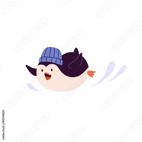 Cute baby penguin slides on ice slope with snow splashes. Funny north bird in hat has fun, plays. Happy polar animal rejoices at winter holidays. Flat isolated vector illustration on white background