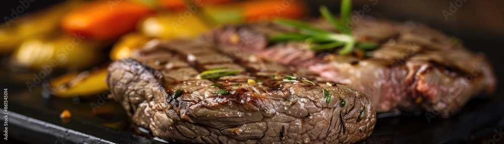 Grilled steak garnished with rosemary, served with roasted vegetables on a black surface, capturing the essence of a delicious meal. Grilled steak garnished with rosemary, served with roasted vegetables on a black surface, capturing the essence of a delicious meal.