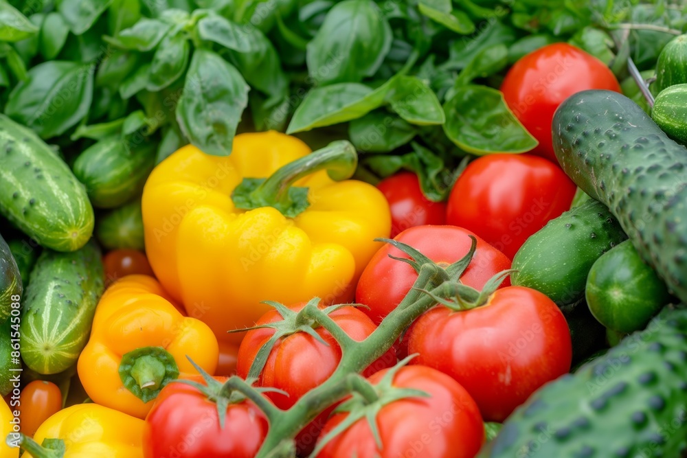 Bright vegetables at the farmer's market: tomatoes, peppers, cucumbers and greens Bright vegetables at the farmer's market: tomatoes, peppers, cucumbers and greens