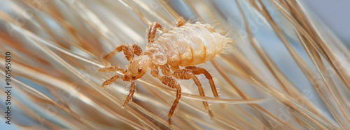 Macro view of a head louse on human hair photo