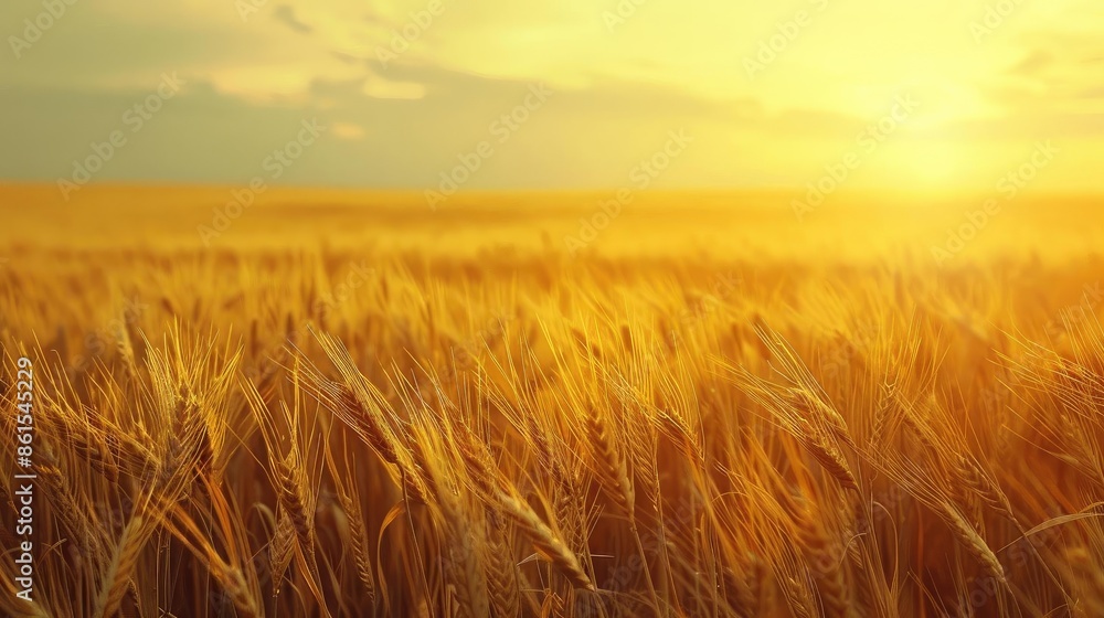 Golden wheat field at sunset with sunlight illuminating the horizon, creating a peaceful and serene rural landscape. Golden wheat field at sunset with sunlight illuminating the horizon, creating a peaceful and serene rural landscape.