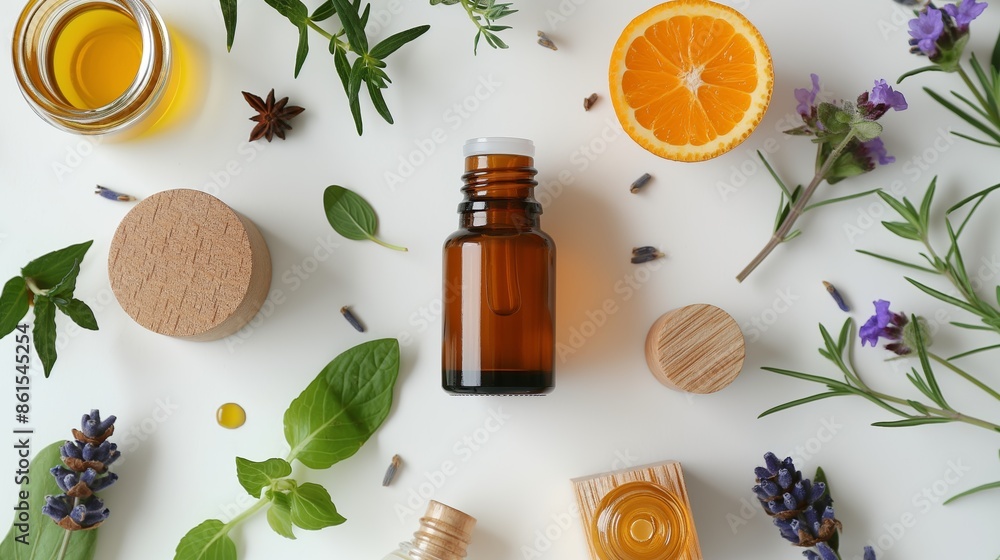 Essential Oils and Fresh Herbs with Orange Slices on White Background Essential Oils and Fresh Herbs with Orange Slices on White Background