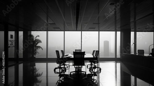 A modern office conference room with a large table and chairs, empty and overlooking a city skyline through large windows, casting a serene and professional atmosphere.