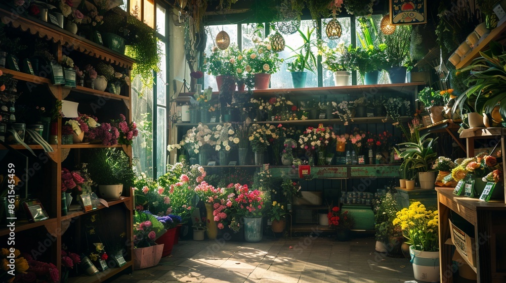 A quaint flower shop interior filled with an array of vibrant flowers, lush greenery, and colorful pots basking in sunlight from a nearby window, creating a serene and inviting atmosphere. A quaint flower shop interior filled with an array of vibrant flowers, lush greenery, and colorful pots basking in sunlight from a nearby window, creating a serene and inviting atmosphere.